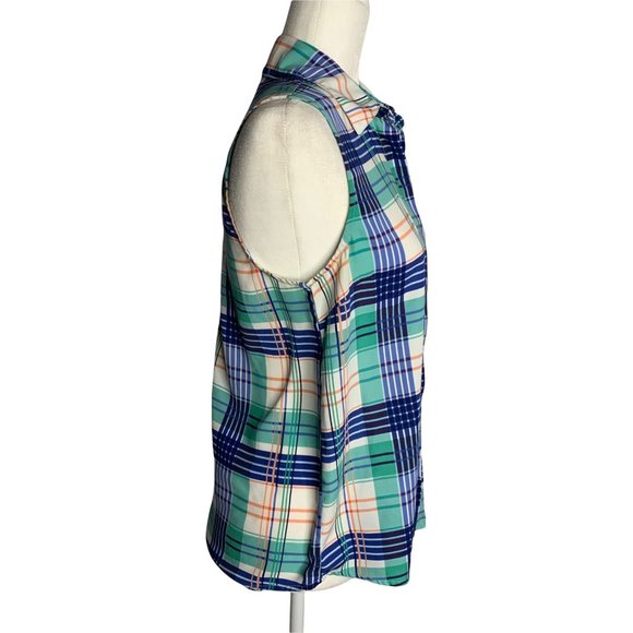 Forever 21 Sleeveless Button Up Shirt S White Blue Plaid Collar - Picture 5 of 6